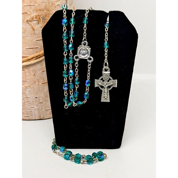 Just In! Pewter Cross Blue Green Iridescent Beaded Rosary - Picture 1 of 6